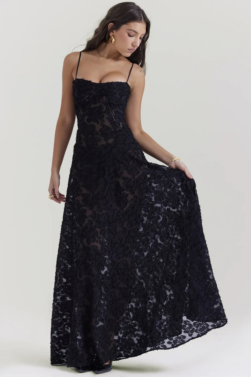 Robe Longue Élégante en Mousseline Fleurie